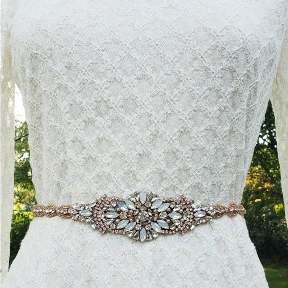 Rose Gold Opal Bridal Belt with Ivory Ribbon